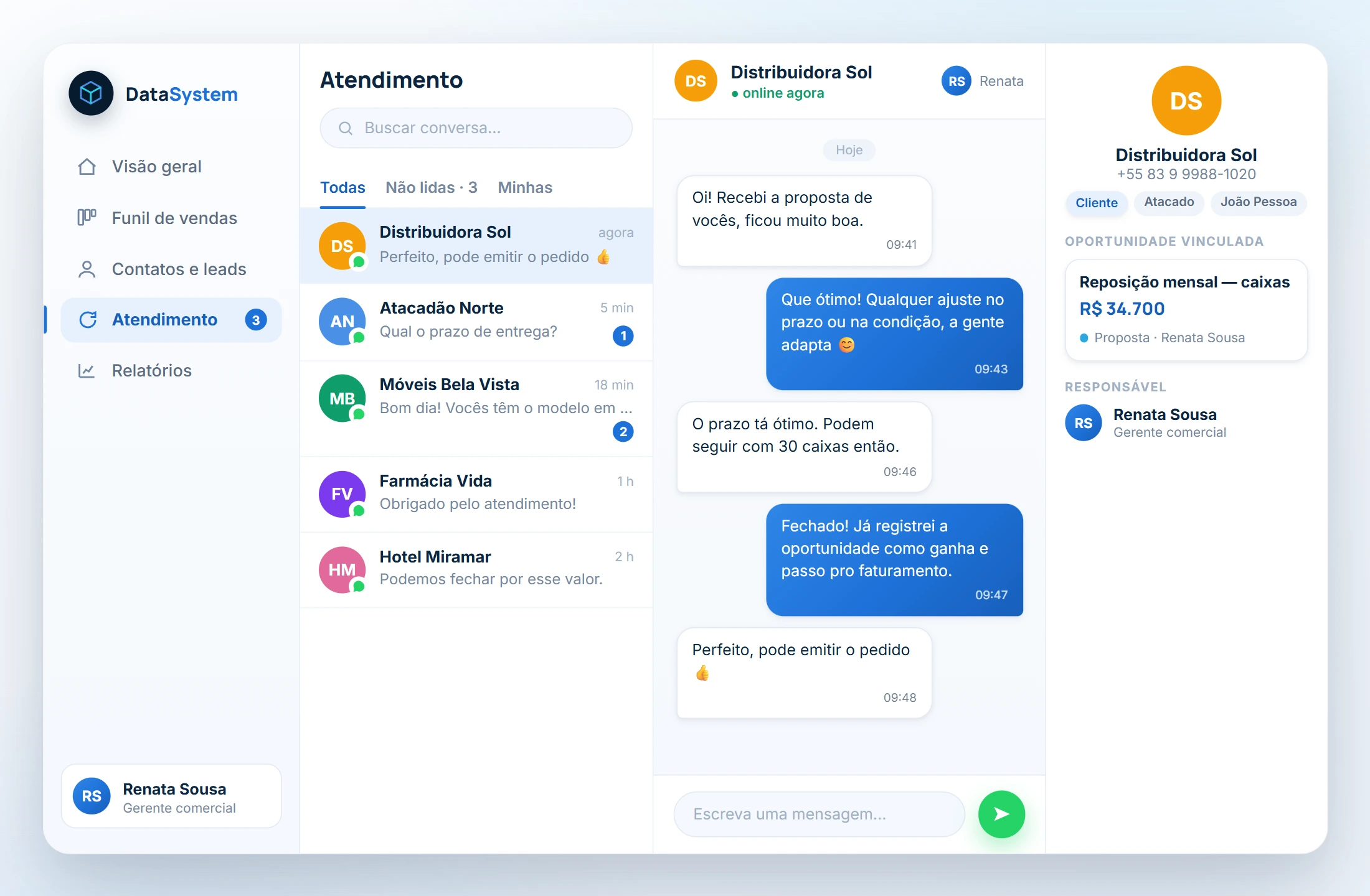 Inbox de atendimento por WhatsApp dentro do CRM, com lista de conversas, mensagem aberta e ficha do contato ao lado